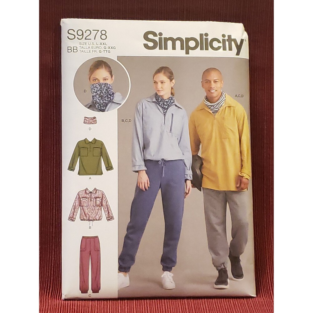 New Unisex Quarter Zip Tops, Pants Sewing Pattern Simplicity S9278, Sweat Pants
